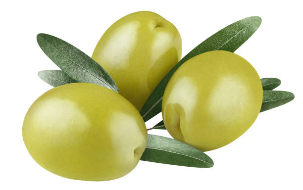 istock Delicious green olives with leaves on white 1412856092