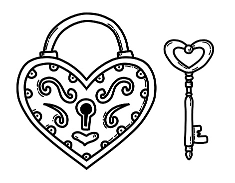 Key and Heart Shape Lock. Vector iron Padlock in vintage sketch style. Hand drawn illustration