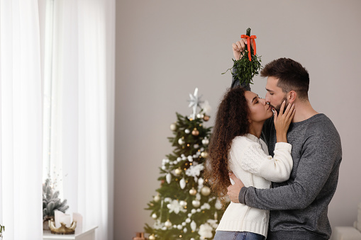 Happy couple kissing under mistletoe bunch in room decorated for Christmas