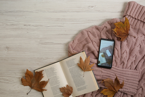 Flat lay composition with open book and autumn leaves on beige wooden table. Space for text