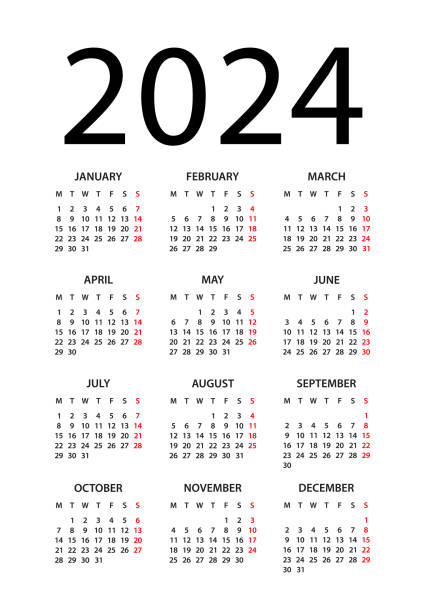 illustrations, cliparts, dessins animés et icônes de calendrier 2024 année - illustration vectorielle. la semaine commence le lundi. calendrier fixé pour l’année 2024 - calendrier 2024