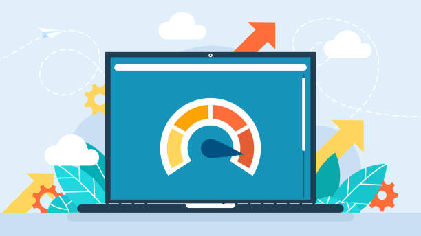 화면에 속도 테스트가있는 노트북. 웹 사이트로드 최적화 페이지 속도 및 seo. 웹 사이트 속도. 로딩 시간. 페이지 최적화. 속도 테스트 측광 다이얼. 미디어 콘텐츠. 벡터 일러스트레이션. - indicator paper stock illustrations