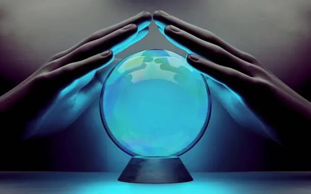Photo of A pair of male hands surrounding a crystal ball. 3d render