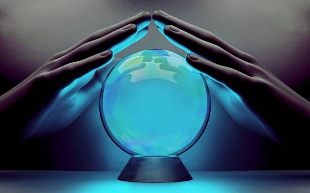 a pair of male hands surrounding a crystal ball. 3d render - clairvoyance imagens e fotografias de stock