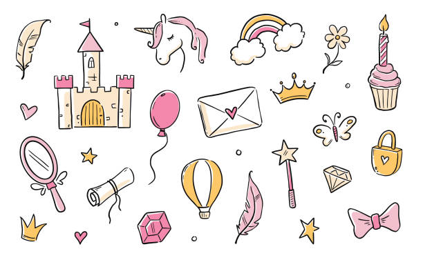 ilustrações, clipart, desenhos animados e ícones de conjunto de rabiscos de princesa desenhado à mão. beleza bonito menina princesa acessórios, unicórnio fada, castelo. fundo doodle. - princesa