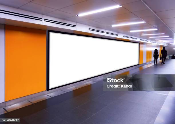 Long Horizontal Long Mock Up Of Blank Advertising Billboard Poster Template In A Long Tunnel Walkway Outofhome Ooh Media Display Advertisement Mockup In Pedestrian Underpass Digital Display Stock Photo - Download Image Now