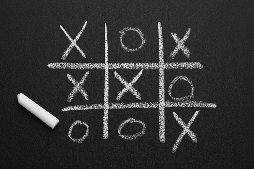 Concept of decision making. Businessman's hand highlighting two cells of tic-tac-toe. 