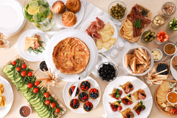 istock Dishes with different food on table, flat lay. Luxury brunch 1412861670