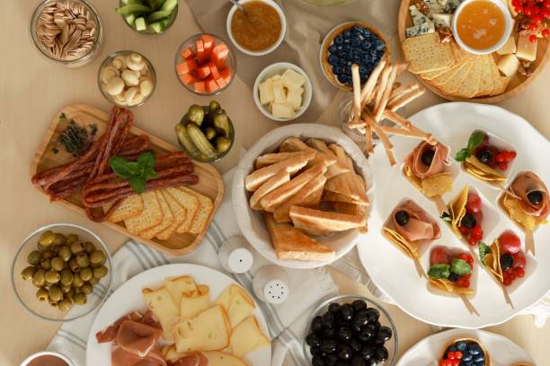 istock Dishes with different food on table, flat lay. Luxury brunch 1412861687