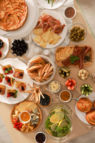 istock Dishes with different food on table, flat lay. Luxury brunch 1412861700