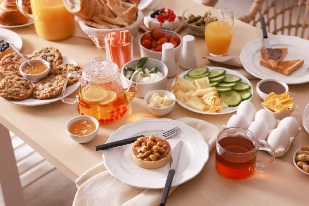 istock Dishes with different food on table indoors. Luxury brunch 1412862828