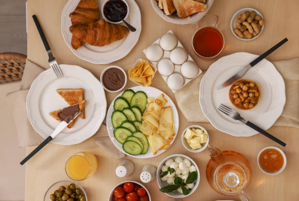 istock Dishes with different food on table, flat lay. Luxury brunch 1412863275