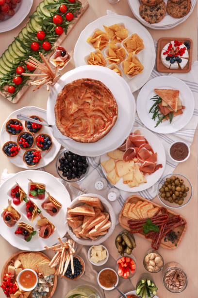 istock Dishes with different food on table, flat lay. Luxury brunch 1412863278
