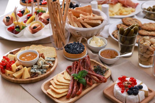 istock Dishes with different food on table. Luxury brunch 1412863320