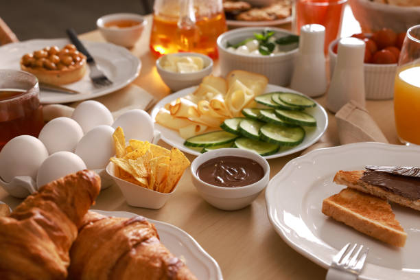 istock Dishes with different food on table. Luxury brunch 1412863349