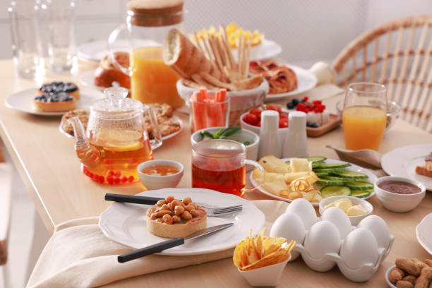 istock Dishes with different food on table indoors. Luxury brunch 1412863360