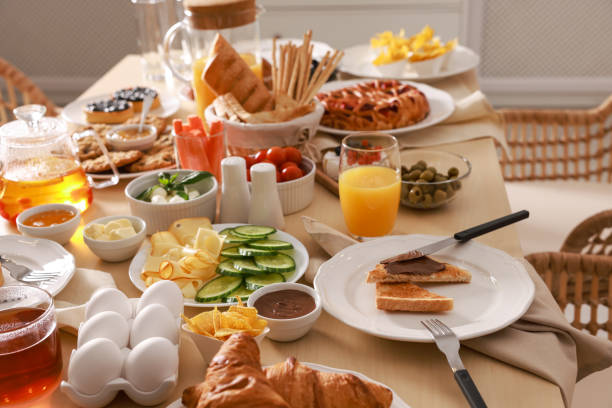 istock Dishes with different food on table indoors. Luxury brunch 1412863385