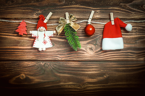 wooden background with Christmas decorations
