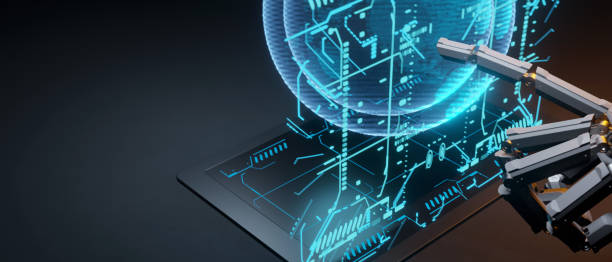 istock Smart industry digital technology automation innovation. Robot hand pressing hologram. 3D Illustration 1412866383