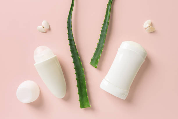 Two fresh green aloe leaves between roll on deodorant and solid antiperspirant on a pastel coral background. Concept of organic cosmetics, natural toiletries, body care and freshness. stock photo