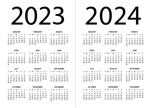 ilustraciones, imágenes clip art, dibujos animados e iconos de stock de calendario 2023 2024 - ilustración vectorial. la semana comienza el domingo - calendario