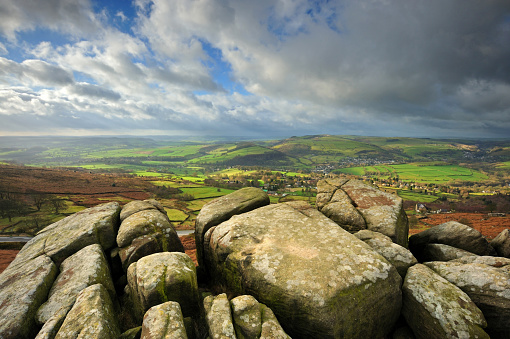 Wide angle view over Curbar Edge in the Peak District National Park, Derbyshire, England, UK.