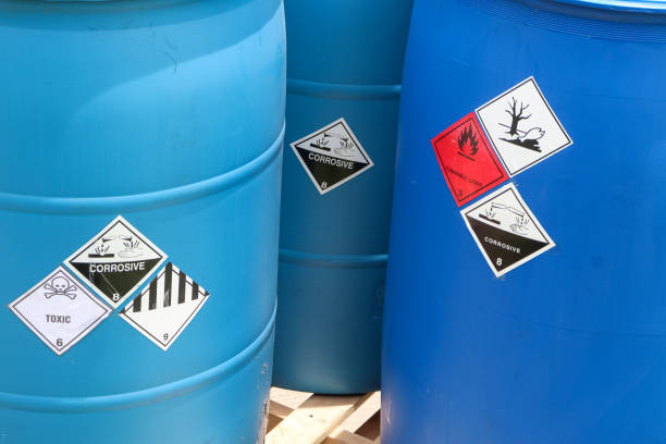 istock Warning symbol for chemical hazard on chemical container 1412868967