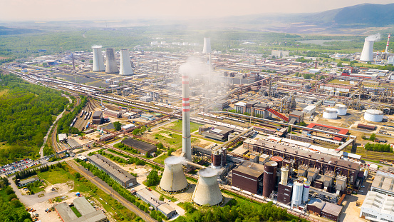Coal power plant in Central Europe. Aerial view to big source of emissions in European Union.