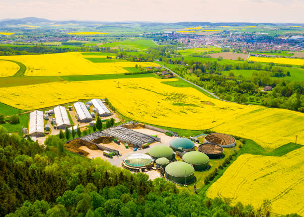 istock Biogas plant in agricultural landscape. 1412869392