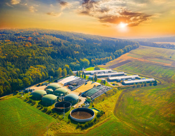 biogasanlage in der agrarlandschaft. - biotechnology factory industry technology stock-fotos und bilder