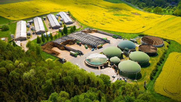 biogasanlage in der agrarlandschaft. - biotechnology factory industry technology stock-fotos und bilder