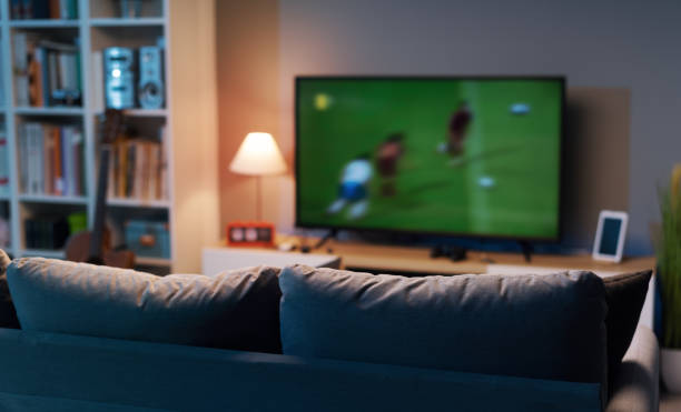 istock Football match on widescreen TV 1412872334