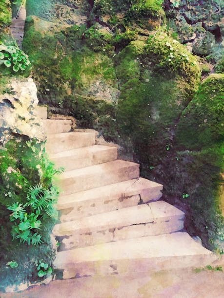 efecto de pintura de acuarela en una foto de una antigua escalera de caracol de piedra larga en los jardines cerca de la ciudad de lisboa rovinj, portugal - escalera hacia el cielo fotografías e imágenes de stock