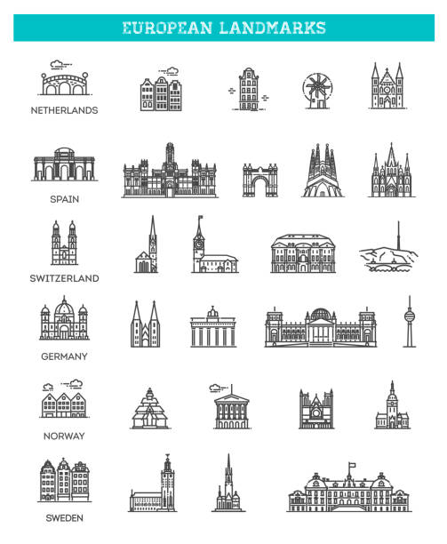 Simple linear Vector icon set representing global tourist european landmarks and travel destinations for vacations. Flat line design style vector illustration icons set and logos of top tourist attractions, historical buildings, towers switzerland tourist places stock illustrations