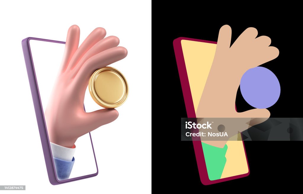 Concept of online bank transfers Smartphone with gold coin in hand 3d render illustration on white with alpha Bank - Financial Building Stock Photo