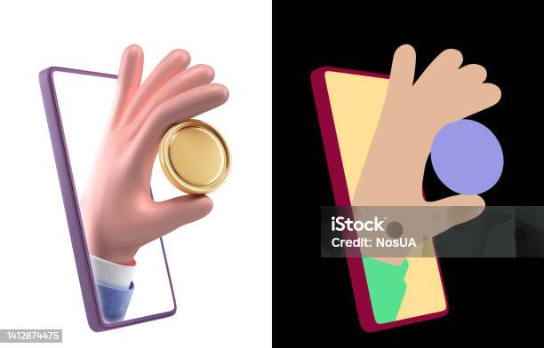 Concept Of Online Bank Transfers Smartphone With Gold Coin In Hand 3d Render Illustration On White With Alpha Stock Photo - Download Image Now