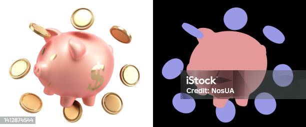 Bank Services Concept Safety Accumulation Of Funds Piggy Bank With Coins 3d Render On White With Alpha Stock Photo - Download Image Now