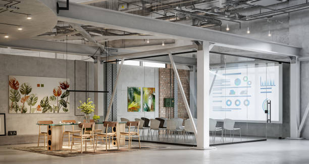 istock Sustainable office conference room and glass training room in 3d 1412874593