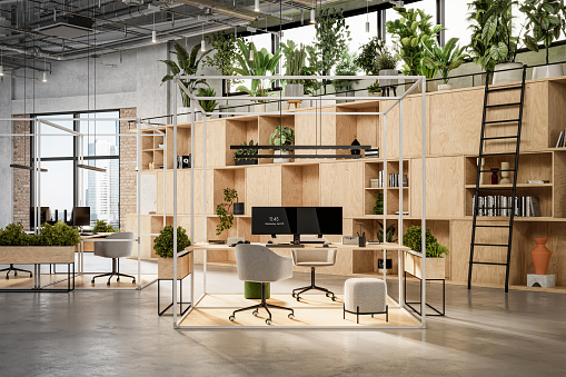 Computer generated image of a sustainable office interior. Modern office desks with plants and wooden cupboards.