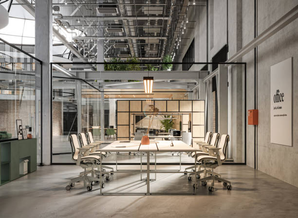 istock 3d rendering of a meeting table in open plan creative office 1412875186