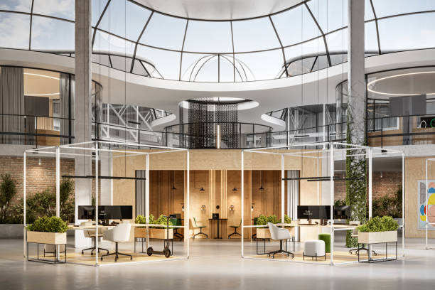 istock Interior of large office space with eco friendly cubicle 1412875217