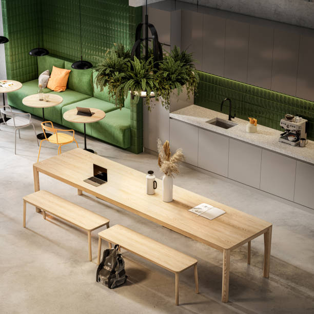 istock Wooden table and benches at office cafeteria in 3d 1412875261