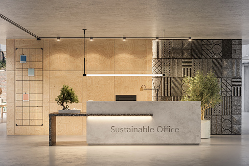 Digitally generated image of sustainable office reception desk. Front desk of modern office with plants in 3d.