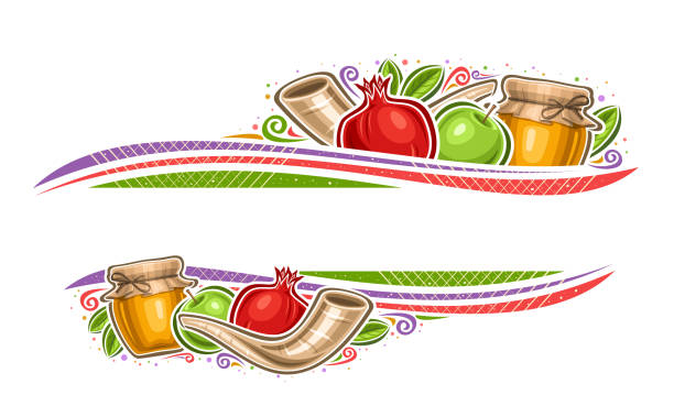 Vector border for Rosh Hashanah Vector border for Rosh Hashanah with copy space for congratulation text, decorative voucher with illustration of pomegranate, farm honey jar, fresh green apple and religious horn on white background colorful page borders stock illustrations