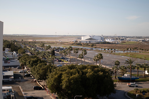 View from flat window on airport in Larnaca, Cyprus.