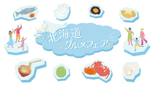 Vector illustration of Gourmet frame material for Hokkaido trip in winter