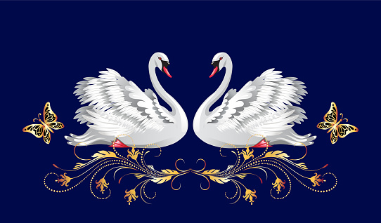 Decorative card with pair of white swans and vintage golden luxurious ornament for invitations or congratulations with wedding or engagement