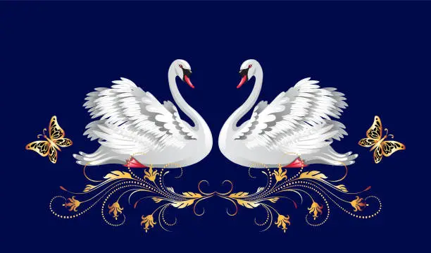 Vector illustration of Decorative card with pair of white swans and vintage golden ornament