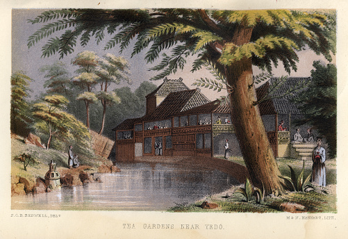 Vintage illustration of Japanese tea gardens near Yedo (Edo), Japan, 19th Century