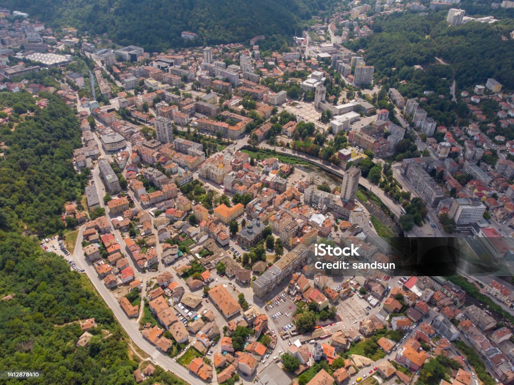 Aerial view of a Gabrovo a city in central northern Bulgaria. Aerial top view of a Gabrovo a city in central northern Bulgaria. Aerial View Stock Photo